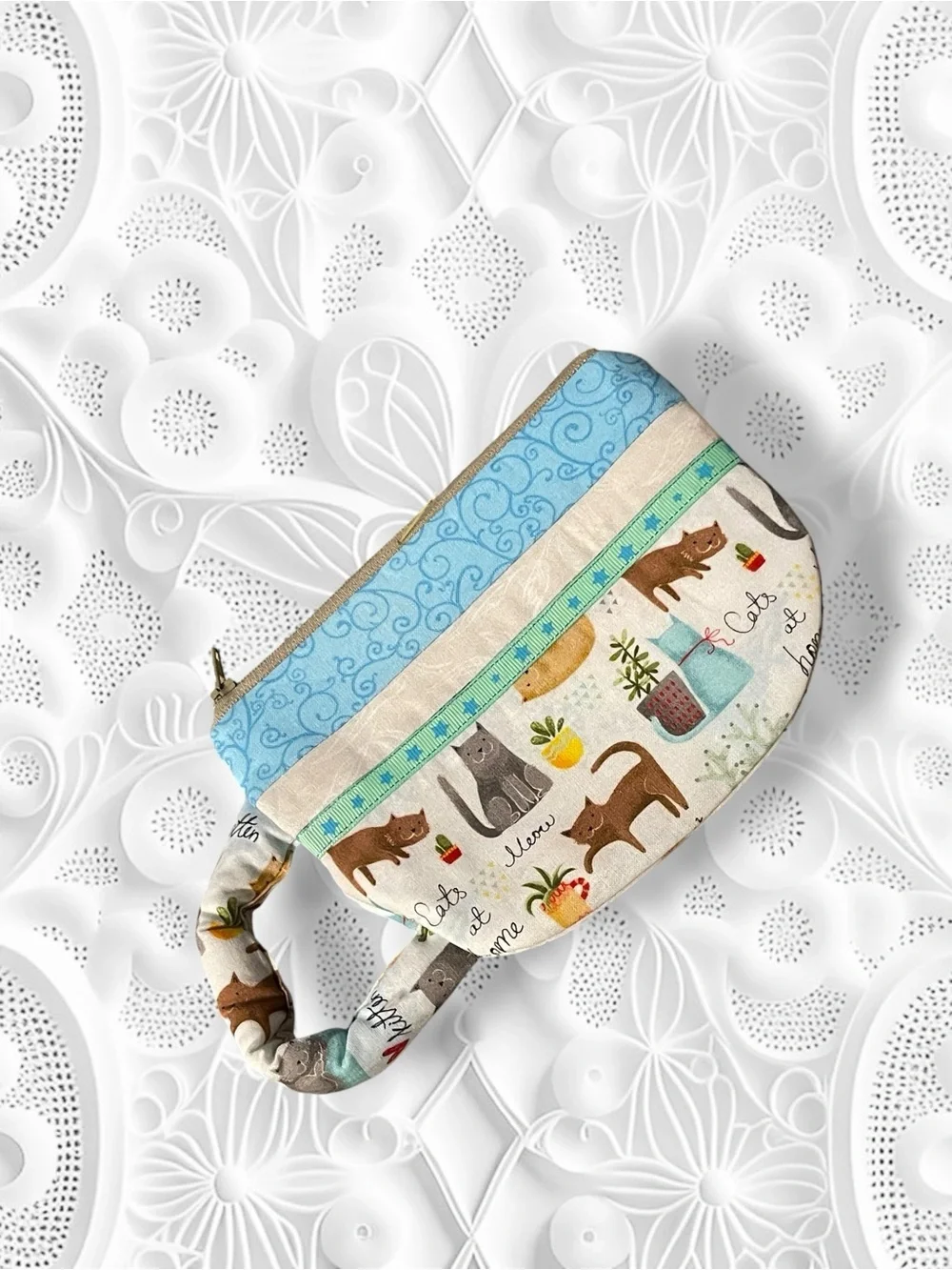 Teacup Pouch Cat Print Quilted Pouch in Blue and Cream